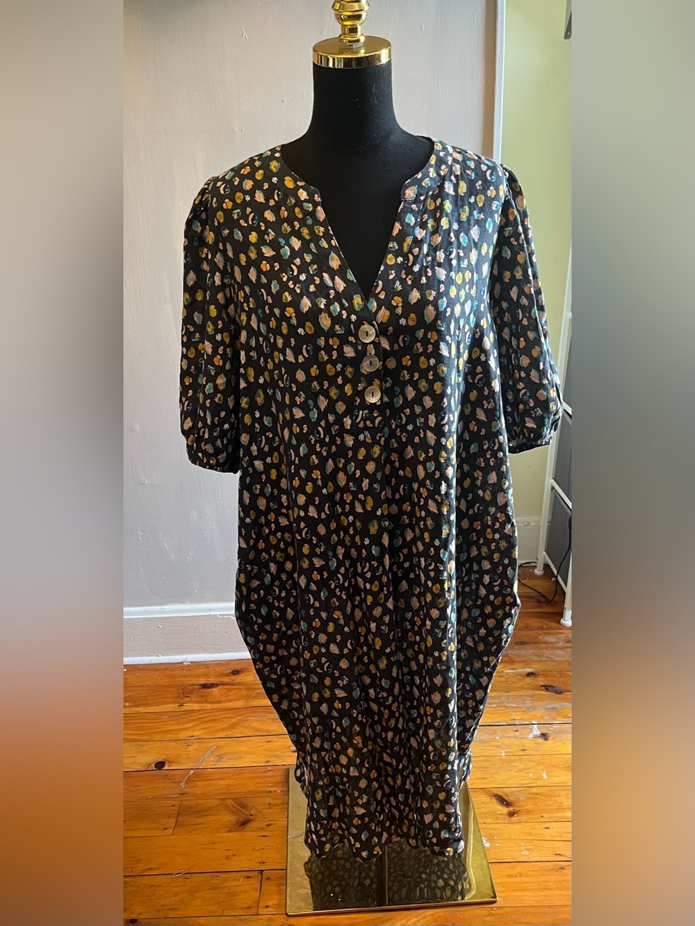 Haven Floral V Neck Short Sleeve Smock Dress Linen Blend One Size/XL